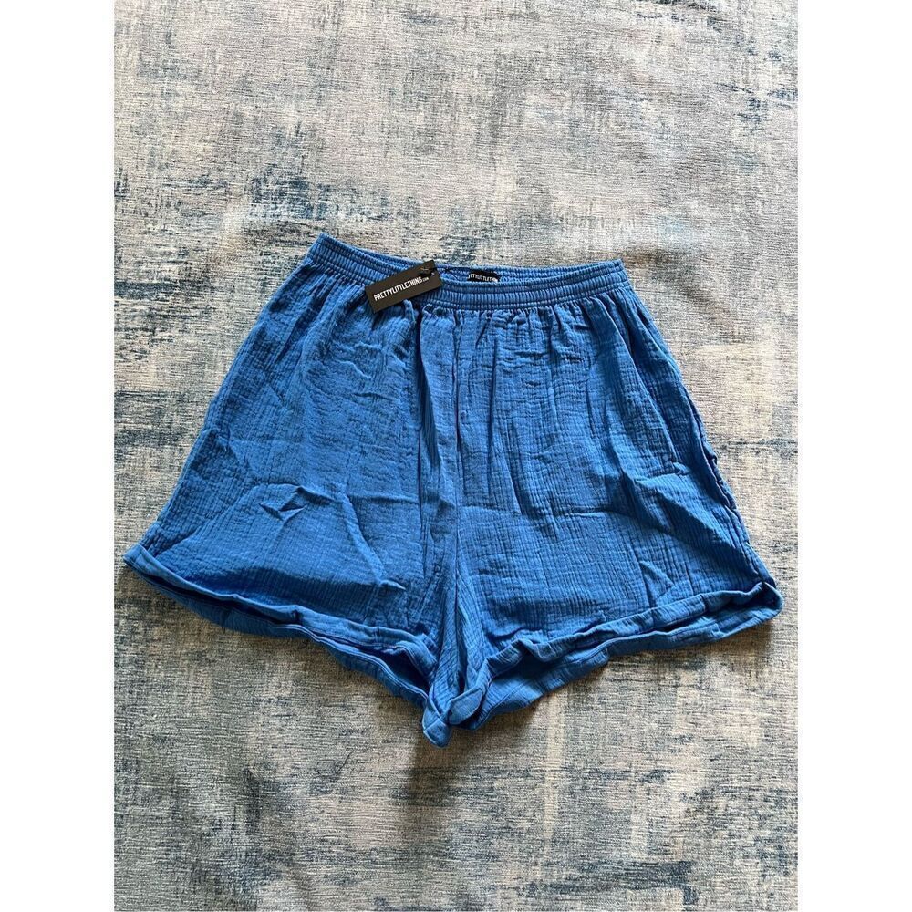 NWT! Pretty Little Thing Blue Textured Linen Look Floaty Shorts US Size 16